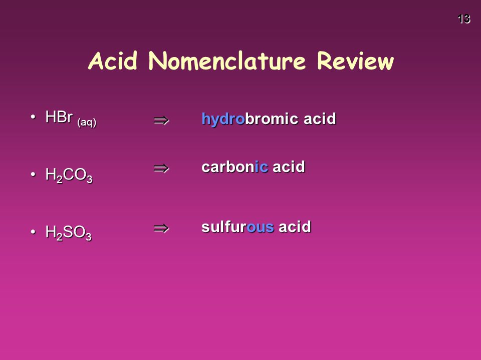 13 HBr (aq)HBr (aq) H 2 CO 3H 2 CO 3 H 2 SO 3H 2 SO 3  hydrobromic acid  carbonic acid  sulfurous acid Acid Nomenclature Review