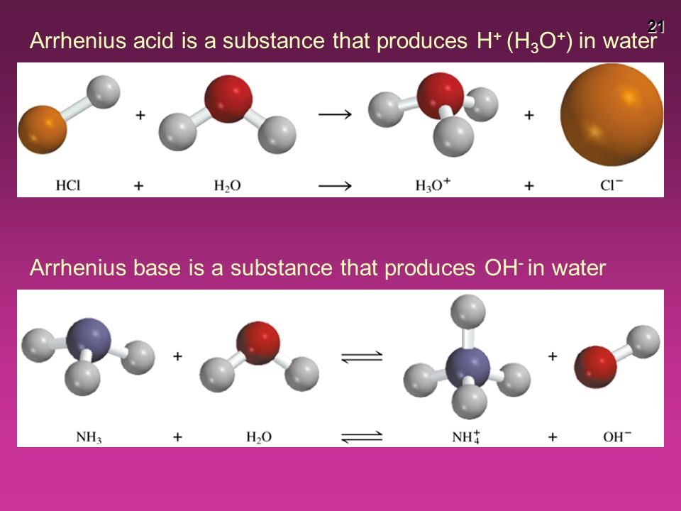 21 Arrhenius acid is a substance that produces H + (H 3 O + ) in water Arrhenius base is a substance that produces OH - in water
