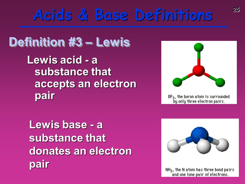 25 Acids & Base Definitions Lewis acid - a substance that accepts an electron pair Lewis base - a substance that donates an electron pair Definition #3 – Lewis