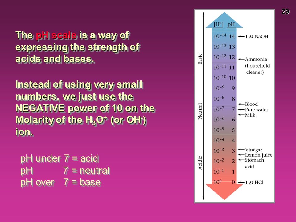 29 The pH scale is a way of expressing the strength of acids and bases.