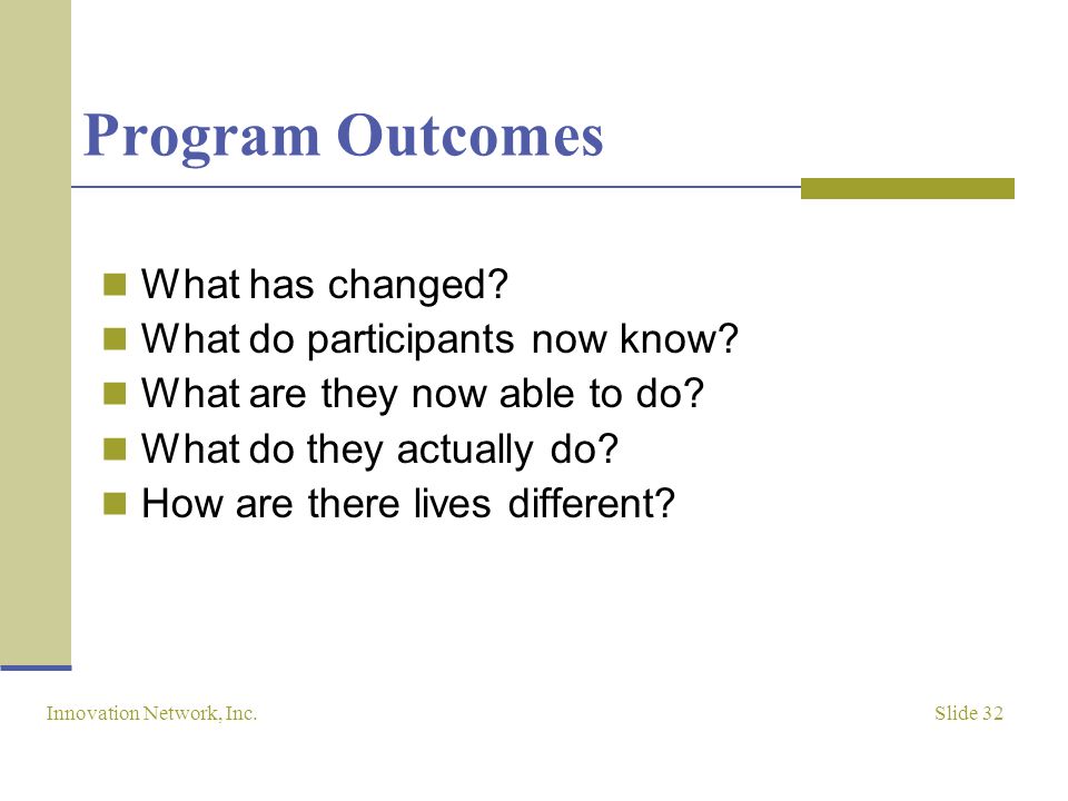 Slide 32 Innovation Network, Inc. Program Outcomes What has changed.