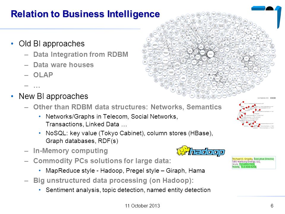 Relation to Business Intelligence Old BI approaches –Data Integration from RDBM –Data ware houses –OLAP –… New BI approaches –Other than RDBM data structures: Networks, Semantics Networks/Graphs in Telecom, Social Networks, Transactions, Linked Data … NoSQL: key value (Tokyo Cabinet), column stores (HBase), Graph databases, RDF(s) –In-Memory computing –Commodity PCs solutions for large data: MapReduce style - Hadoop, Pregel style – Giraph, Hama –Big unstructured data processing (on Hadoop): Sentiment analysis, topic detection, named entity detection 11 October 20136