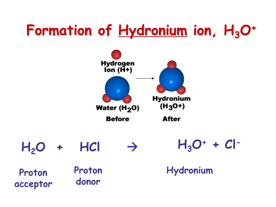 Formation of Hydronium ion, H 3 O + H 2 O + HCl  H 3 O + + Cl - Proton donor Proton acceptor Hydronium