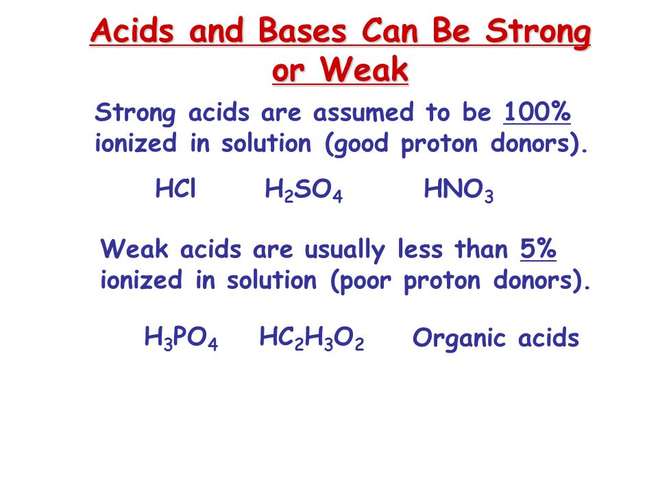 Acids and Bases Can Be Strong or Weak Strong acids are assumed to be 100% ionized in solution (good proton donors).
