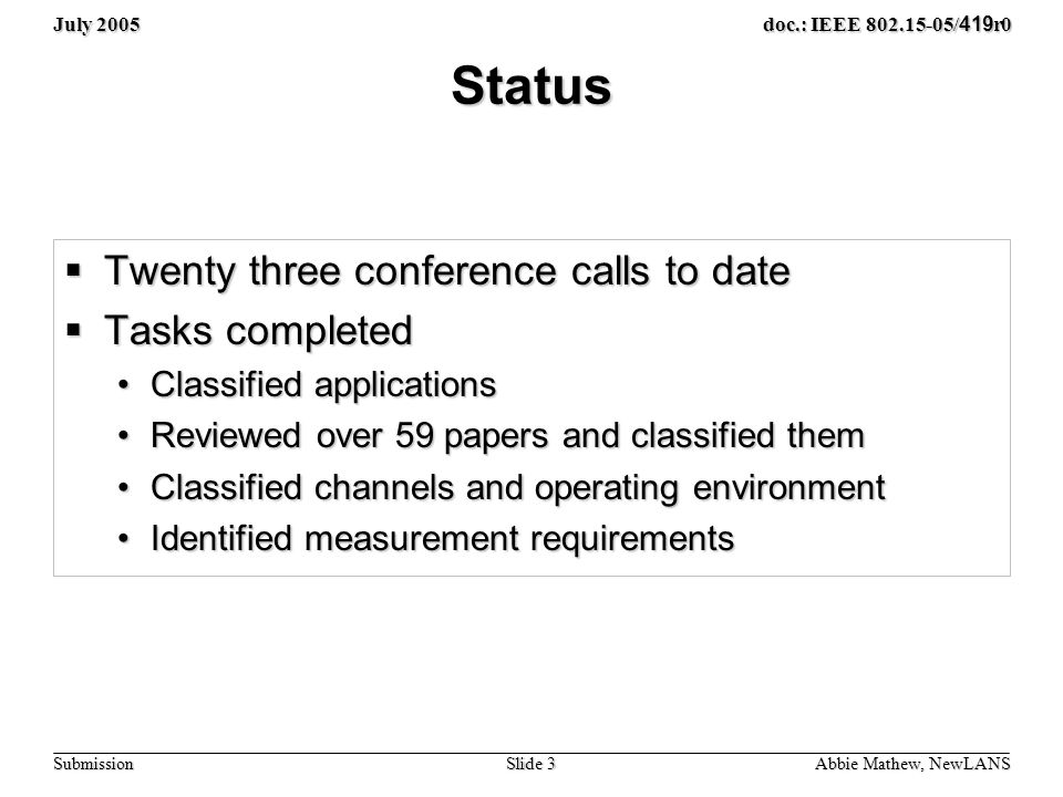 July 2005 Slide 3 doc.: IEEE / 419 r0 Submission Status  Twenty three conference calls to date  Tasks completed Classified applicationsClassified applications Reviewed over 59 papers and classified themReviewed over 59 papers and classified them Classified channels and operating environmentClassified channels and operating environment Identified measurement requirementsIdentified measurement requirements Abbie Mathew, NewLANS