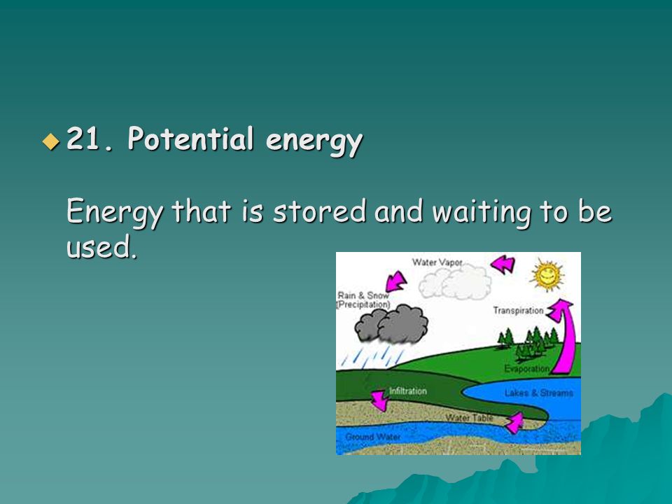  21. Potential energy Energy that is stored and waiting to be used.