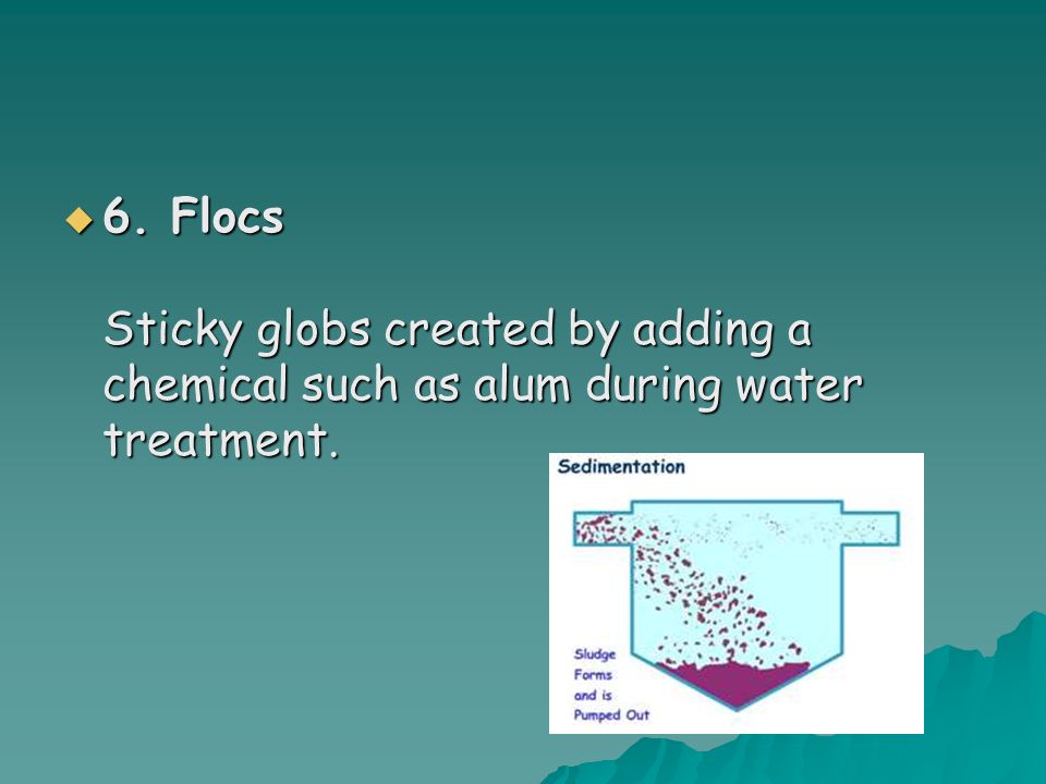  6. Flocs Sticky globs created by adding a chemical such as alum during water treatment.