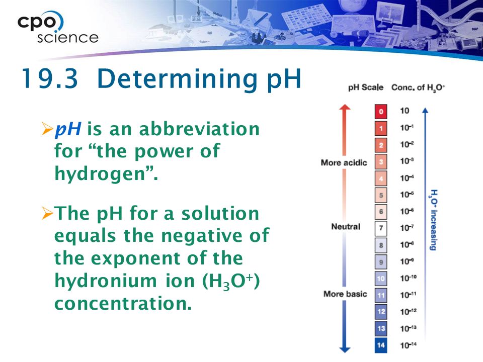 19.3 Determining pH  pH is an abbreviation for the power of hydrogen .