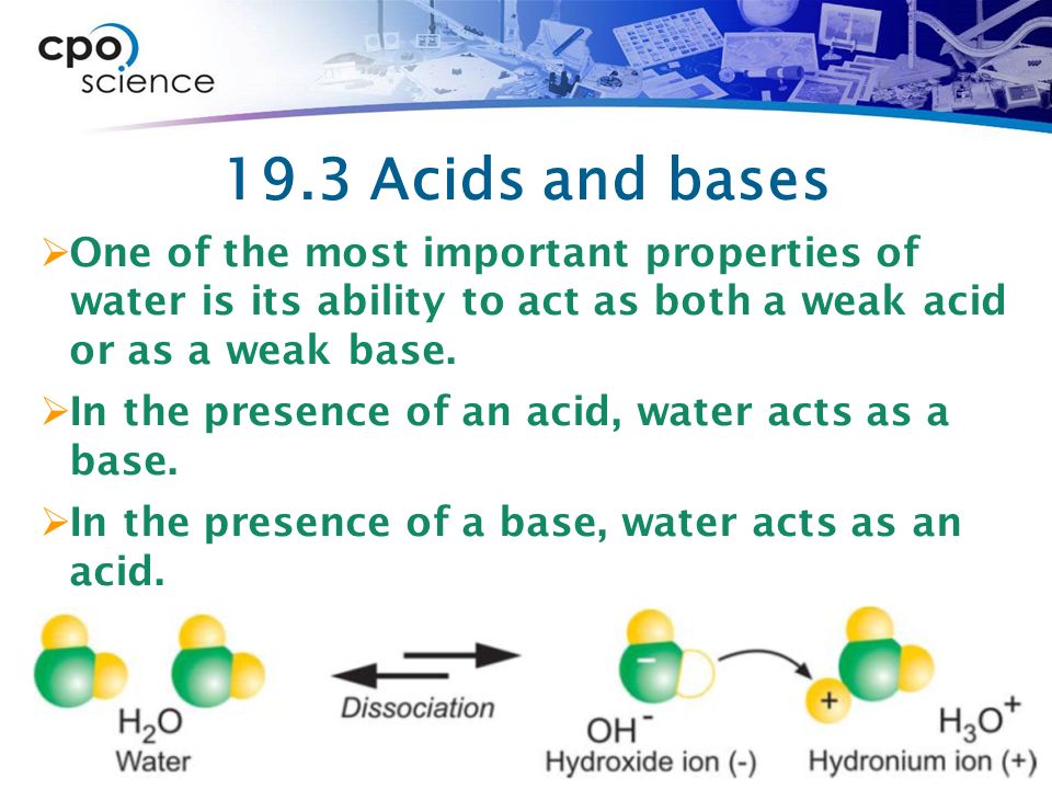 19.3 Acids and bases  One of the most important properties of water is its ability to act as both a weak acid or as a weak base.