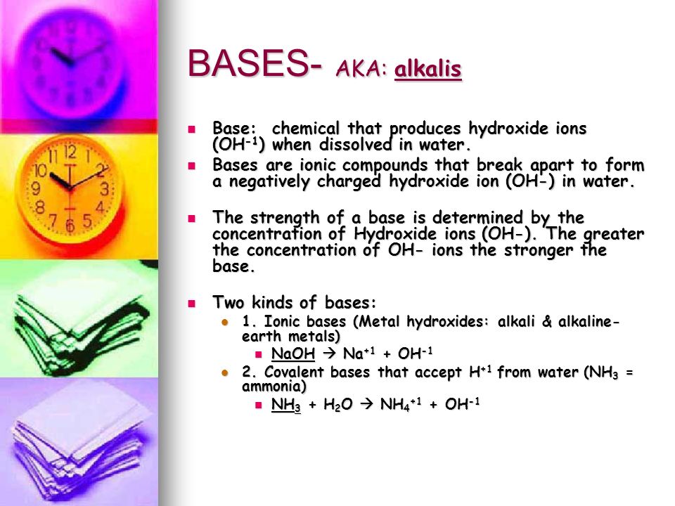 Common Bases NaOH Sodium Hydroxide NaOH Sodium Hydroxide NH 4 OH Ammonium Hyd.