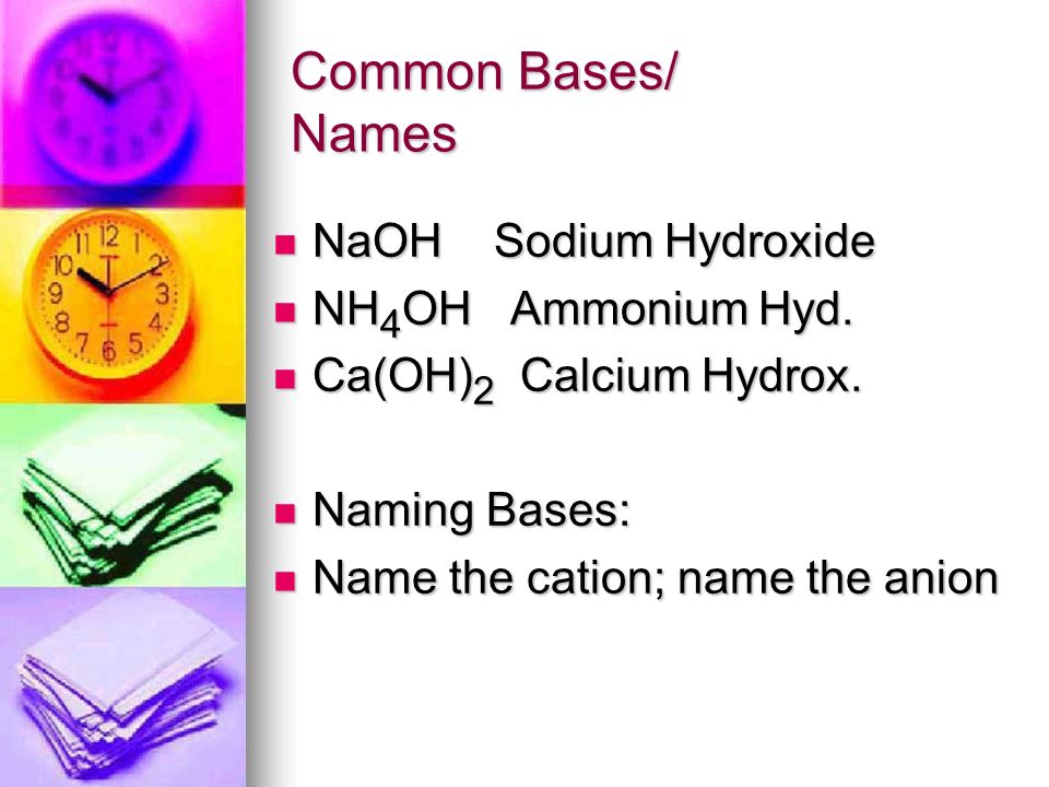 Naming Acids Per – ROOT – ic More oxygen ROOT – ic Most common ROOT – ous Less oxygen Hypo – ROOT – ous Still less oxygen