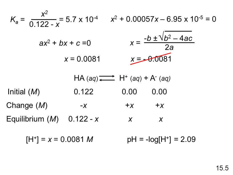 K a = x2x x = 5.7 x x x – 6.95 x = 0 ax 2 + bx + c =0 -b ± b 2 – 4ac  2a2a x = x = x = HA (aq) H + (aq) + A - (aq) Initial (M) Change (M) Equilibrium (M) x-x+x+x x x+x xx [H + ] = x = M pH = -log[H + ] =