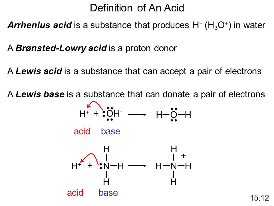 Arrhenius acid is a substance that produces H + (H 3 O + ) in water A Brønsted-Lowry acid is a proton donor A Lewis acid is a substance that can accept a pair of electrons A Lewis base is a substance that can donate a pair of electrons Definition of An Acid H+H+ H O H + OH - acidbase N H H H H+H+ + acidbase N H H H H +