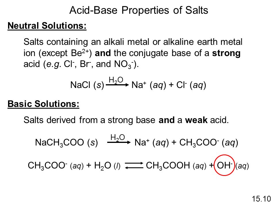 Acid-Base Properties of Salts Neutral Solutions: Salts containing an alkali metal or alkaline earth metal ion (except Be 2+ ) and the conjugate base of a strong acid (e.g.