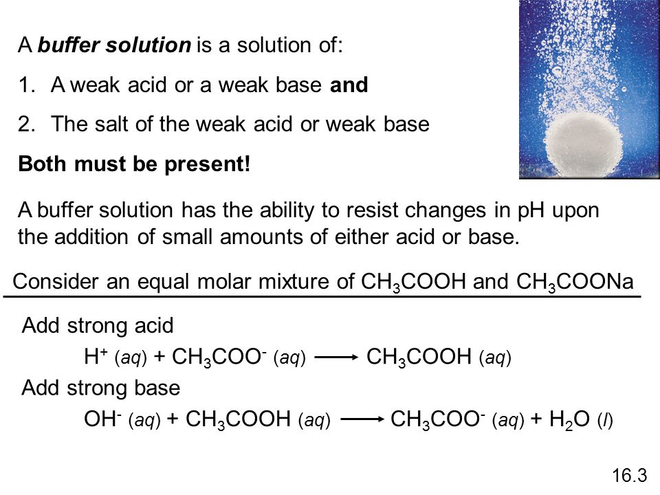 A buffer solution is a solution of: 1.A weak acid or a weak base and 2.The salt of the weak acid or weak base Both must be present.