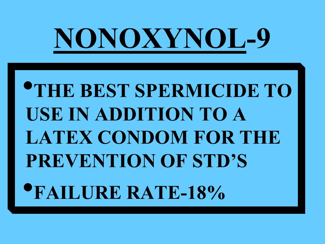 THE BEST SPERMICIDE TO USE IN ADDITION TO A LATEX CONDOM FOR THE PREVENTION OF STD’S FAILURE RATE-18% NONOXYNOL-9