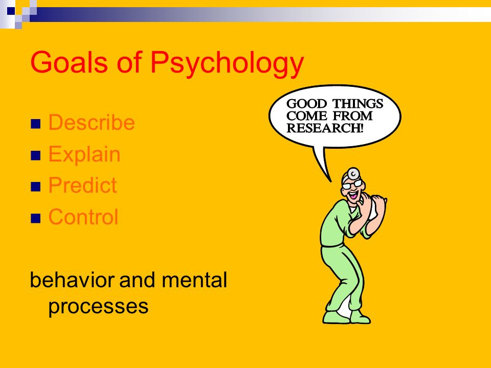 Goals of Psychology Describe Explain Predict Control behavior and mental processes