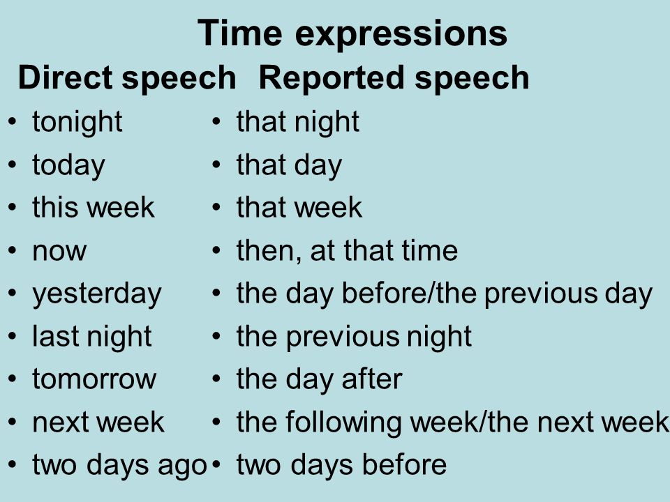 Time expressions Direct speech tonight today this week now yesterday last night tomorrow next week two days ago Reported speech that night that day that week then, at that time the day before/the previous day the previous night the day after the following week/the next week two days before
