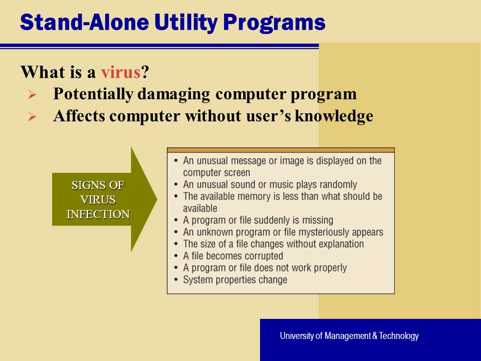 University of Management & Technology Stand-Alone Utility Programs What is a virus.
