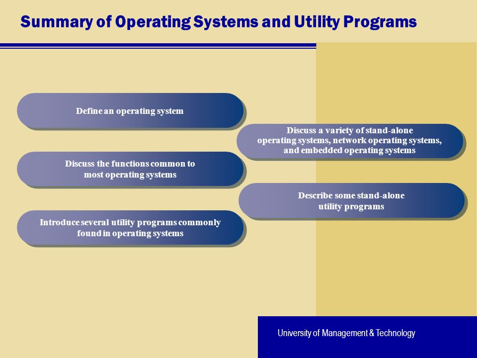 University of Management & Technology Summary of Operating Systems and Utility Programs Define an operating system Discuss the functions common to most operating systems Introduce several utility programs commonly found in operating systems Discuss a variety of stand-alone operating systems, network operating systems, and embedded operating systems Describe some stand-alone utility programs