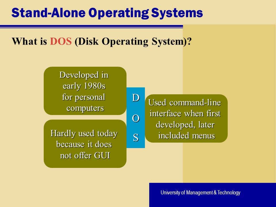University of Management & Technology Stand-Alone Operating Systems What is DOS (Disk Operating System).