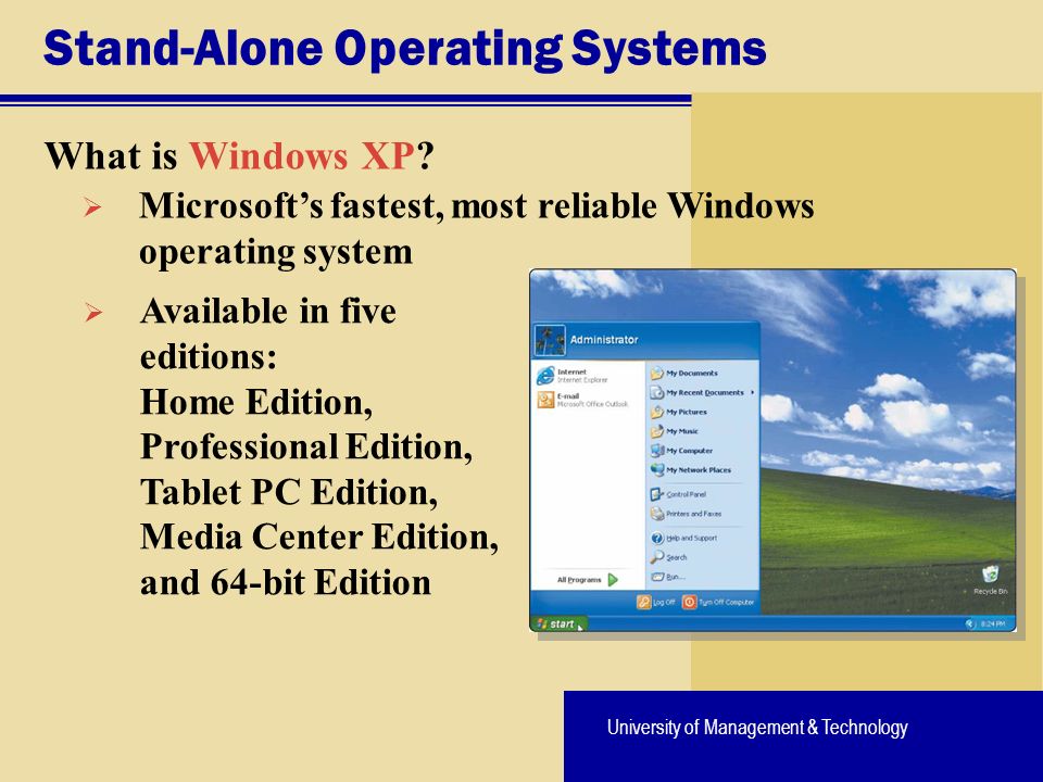 University of Management & Technology  Microsoft’s fastest, most reliable Windows operating system Stand-Alone Operating Systems What is Windows XP.