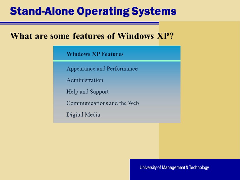 University of Management & Technology Windows XP Features Appearance and Performance Administration Help and Support Communications and the Web Digital Media Stand-Alone Operating Systems What are some features of Windows XP