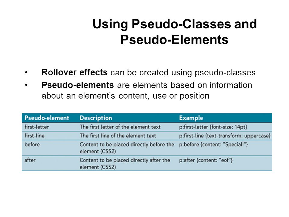 Using Pseudo-Classes and Pseudo-Elements Rollover effects can be created using pseudo-classes Pseudo-elements are elements based on information about an element’s content, use or position