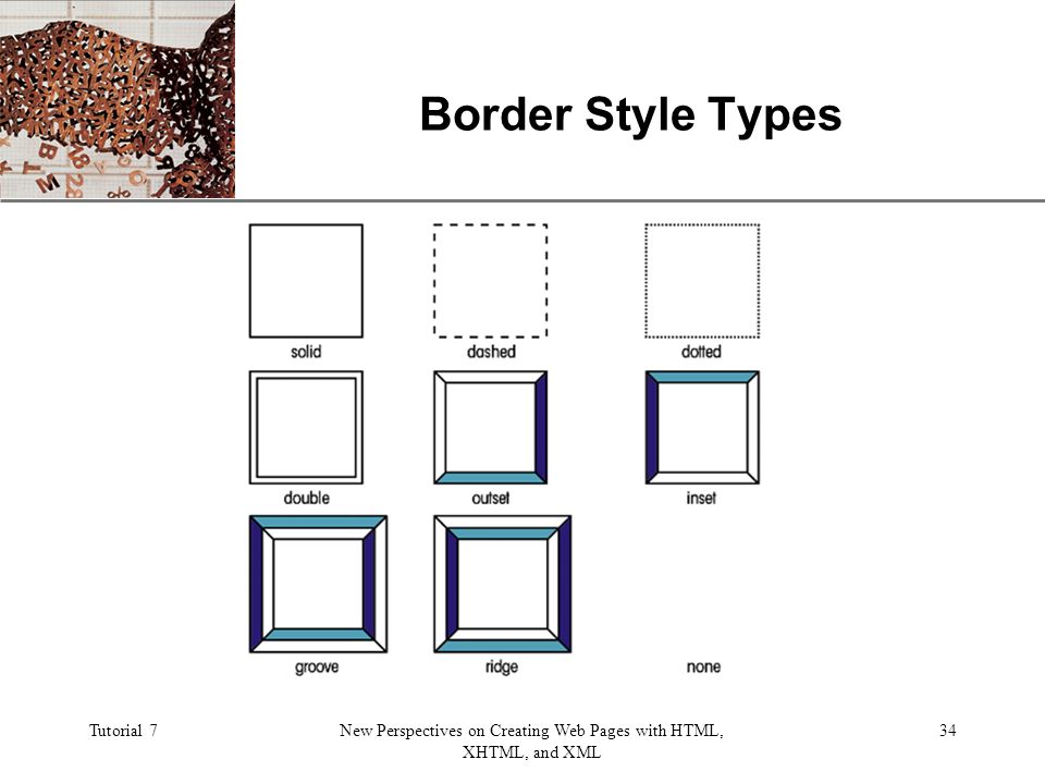 XP Tutorial 7New Perspectives on Creating Web Pages with HTML, XHTML, and XML 34 Border Style Types