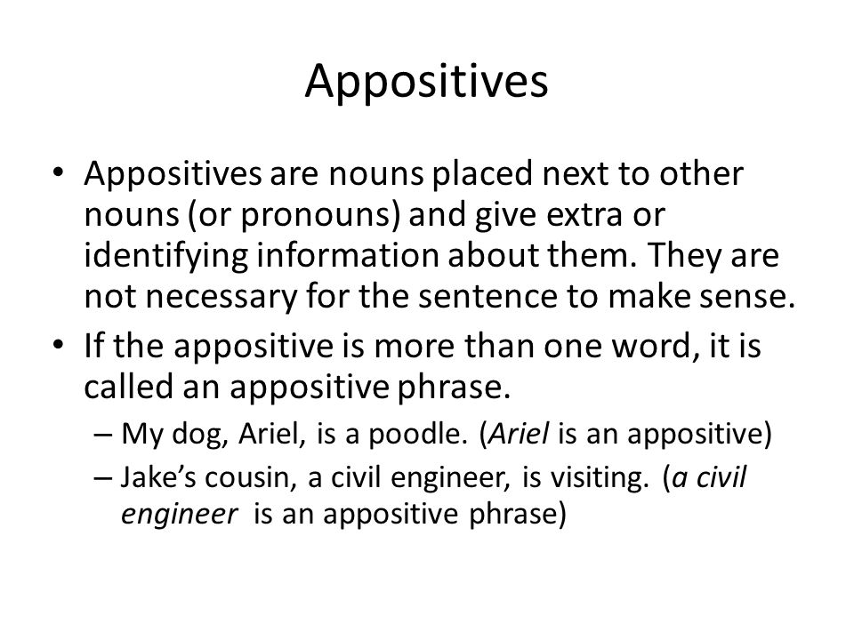 Appositives Appositives are nouns placed next to other nouns (or pronouns) and give extra or identifying information about them.