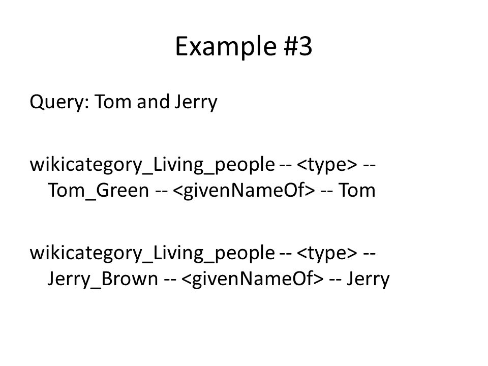 Example #3 Query: Tom and Jerry wikicategory_Living_people Tom_Green Tom wikicategory_Living_people Jerry_Brown Jerry