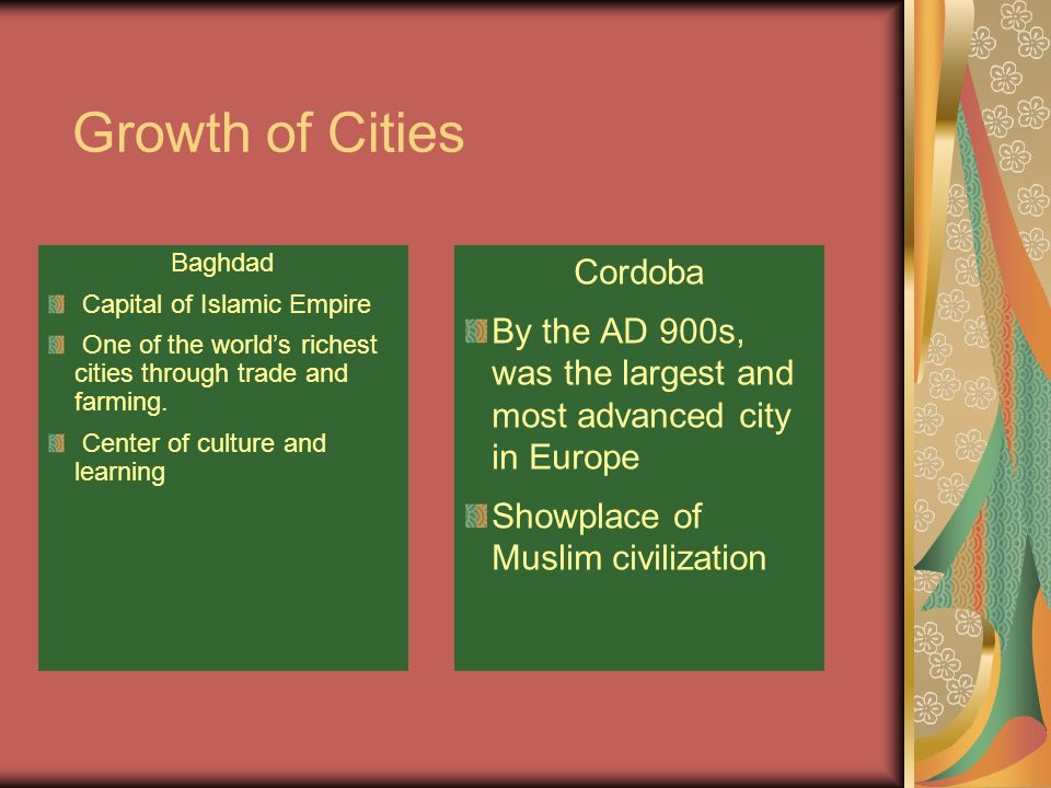 Growth of Cities Baghdad Capital of Islamic Empire One of the world’s richest cities through trade and farming.