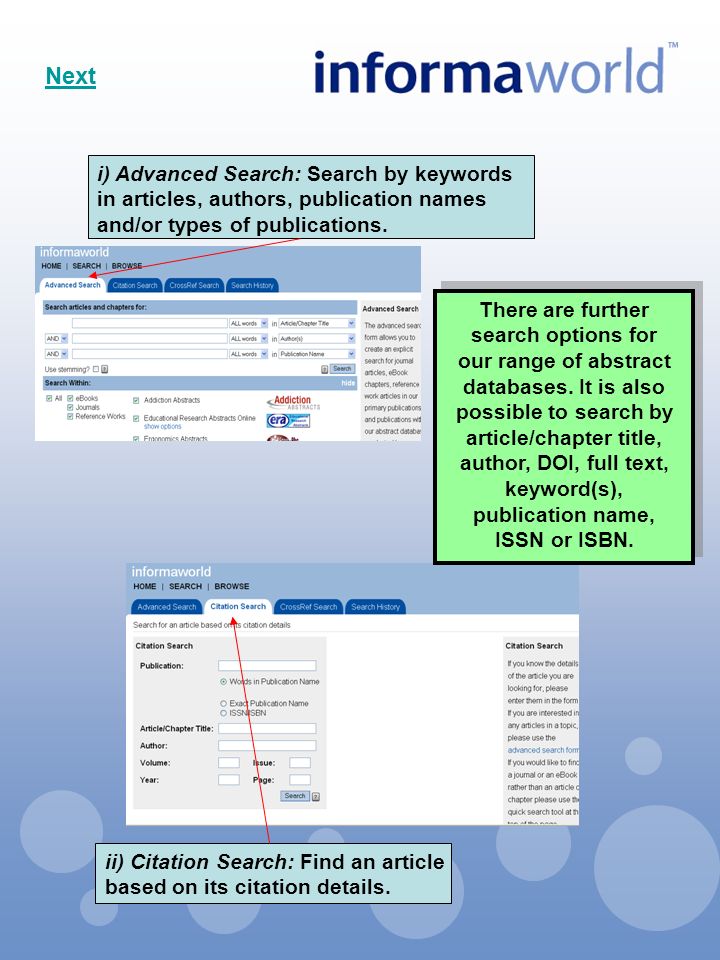 i) Advanced Search: Search by keywords in articles, authors, publication names and/or types of publications.
