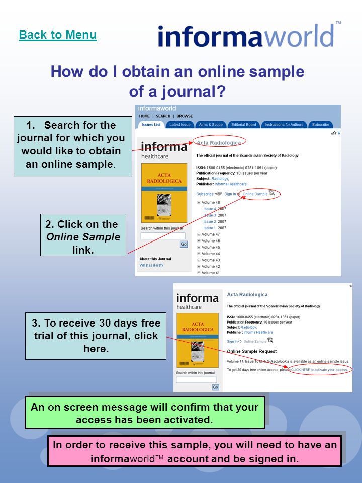 How do I obtain an online sample of a journal.