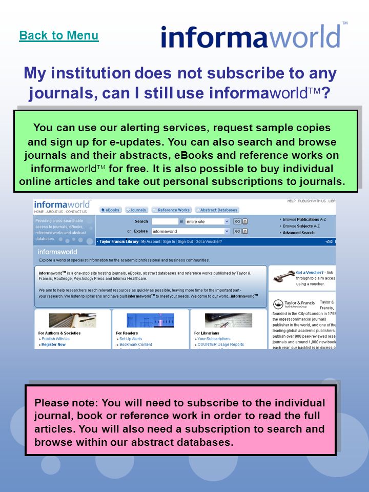 My institution does not subscribe to any journals, can I still use informaworld  .