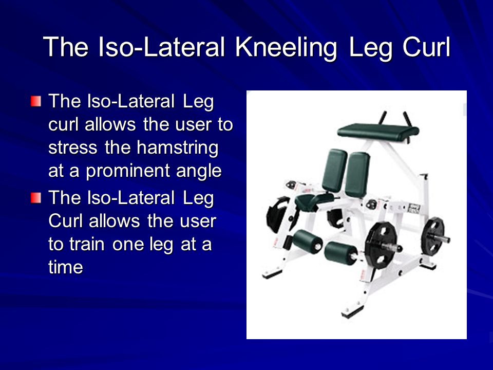 The Iso-Lateral Kneeling Leg Curl The Iso-Lateral Leg curl allows the user to stress the hamstring at a prominent angle The Iso-Lateral Leg Curl allows the user to train one leg at a time