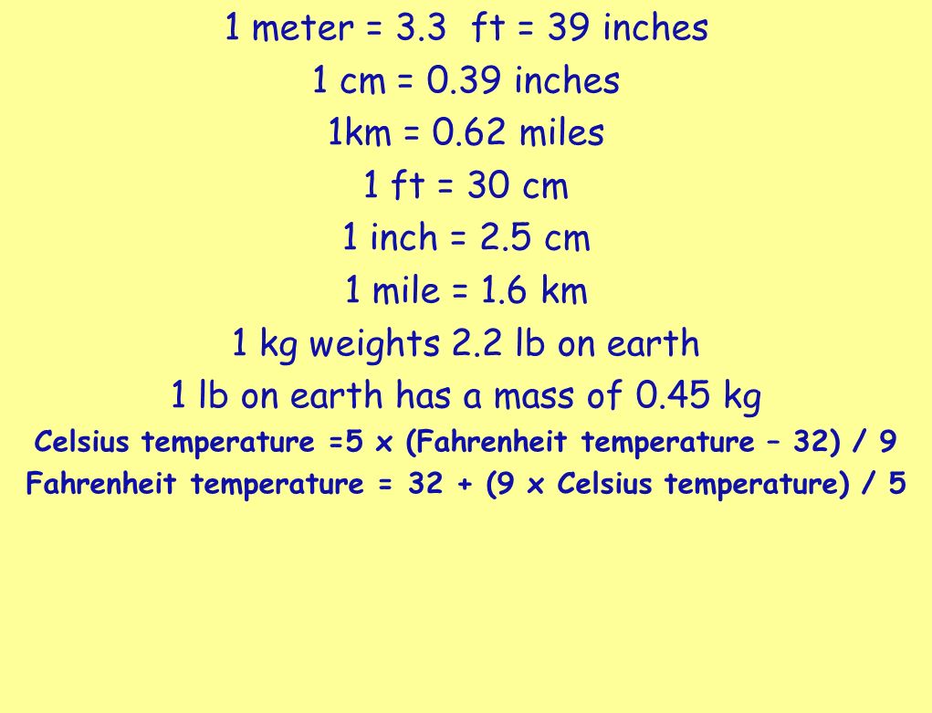 1 meter = 3.3 ft = 39 inches 1 cm = 0.39 inches 1km = 0.62 miles 1 ft = 30 cm 1 inch = 2.5 cm 1 mile = 1.6 km 1 kg weights 2.2 lb on earth 1 lb on earth has a mass of 0.45 kg Celsius temperature =5 x (Fahrenheit temperature – 32) / 9 Fahrenheit temperature = 32 + (9 x Celsius temperature) / 5