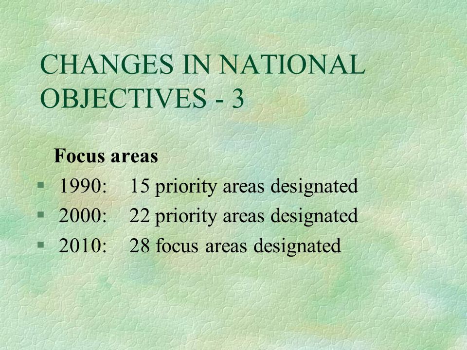 CHANGES IN NATIONAL OBJECTIVES - 3 Focus areas § 1990:15 priority areas designated § 2000:22 priority areas designated § 2010:28 focus areas designated