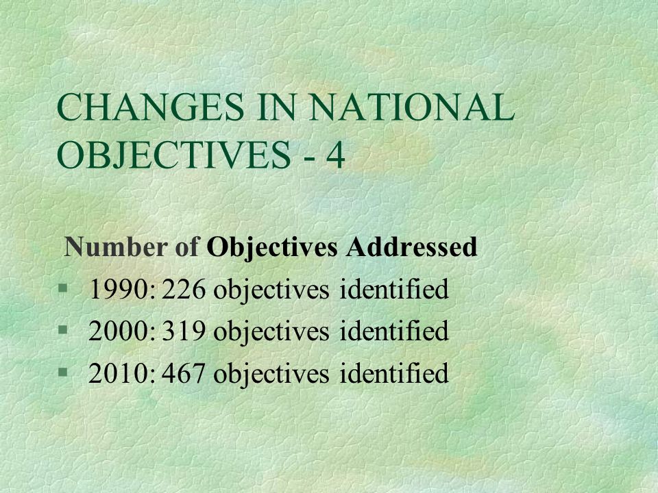 CHANGES IN NATIONAL OBJECTIVES - 4 Number of Objectives Addressed § 1990: 226 objectives identified § 2000: 319 objectives identified § 2010: 467 objectives identified