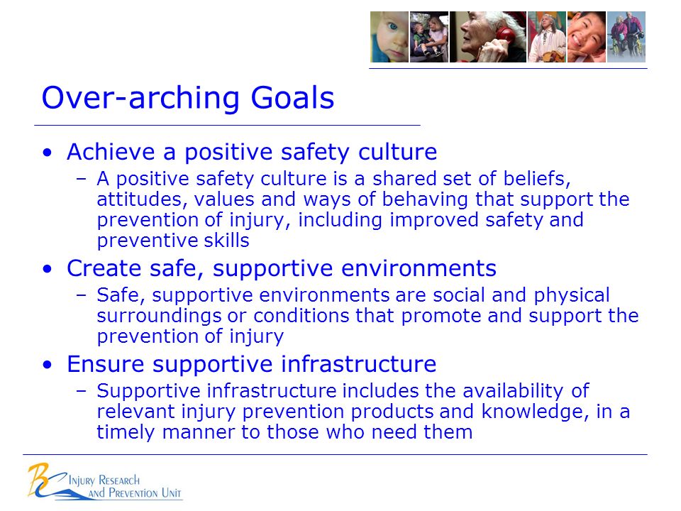 Over-arching Goals Achieve a positive safety culture –A positive safety culture is a shared set of beliefs, attitudes, values and ways of behaving that support the prevention of injury, including improved safety and preventive skills Create safe, supportive environments –Safe, supportive environments are social and physical surroundings or conditions that promote and support the prevention of injury Ensure supportive infrastructure –Supportive infrastructure includes the availability of relevant injury prevention products and knowledge, in a timely manner to those who need them