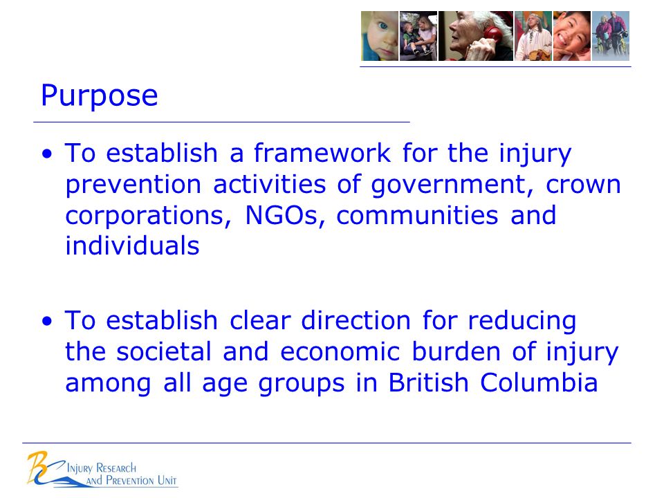 Purpose To establish a framework for the injury prevention activities of government, crown corporations, NGOs, communities and individuals To establish clear direction for reducing the societal and economic burden of injury among all age groups in British Columbia