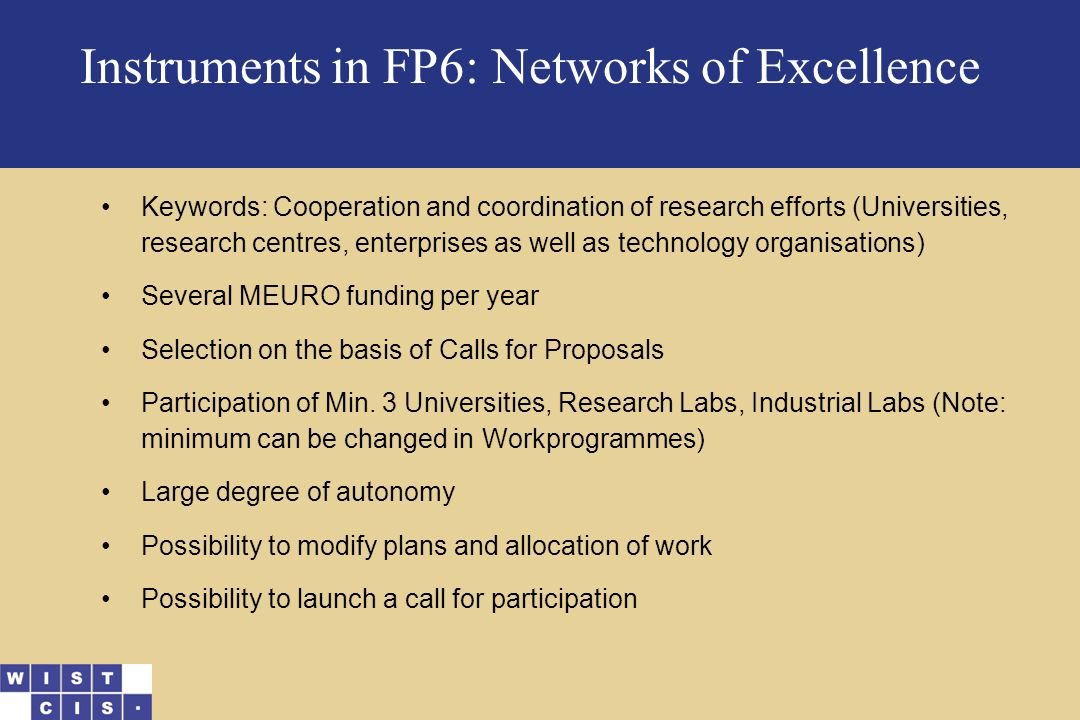 Instruments in FP6: Networks of Excellence Keywords: Cooperation and coordination of research efforts (Universities, research centres, enterprises as well as technology organisations) Several MEURO funding per year Selection on the basis of Calls for Proposals Participation of Min.