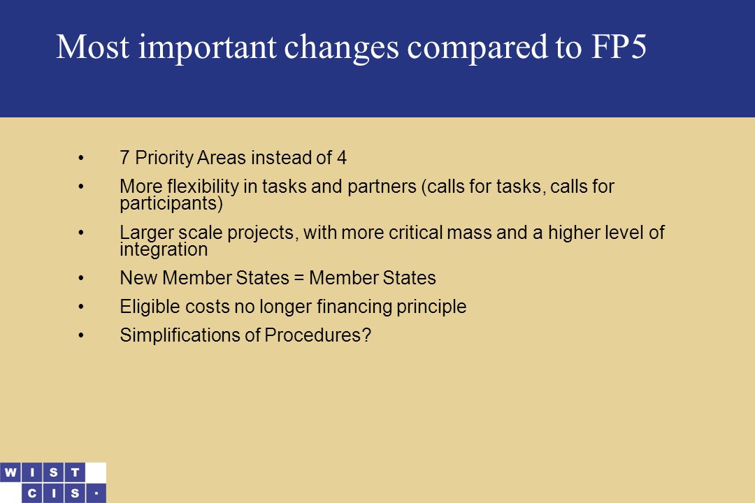 Most important changes compared to FP5 7 Priority Areas instead of 4 More flexibility in tasks and partners (calls for tasks, calls for participants) Larger scale projects, with more critical mass and a higher level of integration New Member States = Member States Eligible costs no longer financing principle Simplifications of Procedures