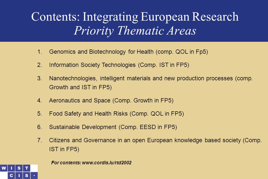 Contents: Integrating European Research Priority Thematic Areas 1.Genomics and Biotechnology for Health (comp.