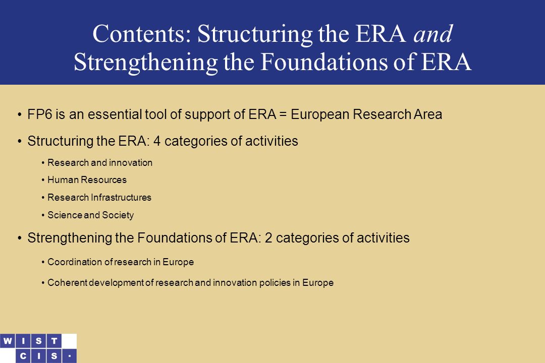 Contents: Structuring the ERA and Strengthening the Foundations of ERA FP6 is an essential tool of support of ERA = European Research Area Structuring the ERA: 4 categories of activities Research and innovation Human Resources Research Infrastructures Science and Society Strengthening the Foundations of ERA: 2 categories of activities Coordination of research in Europe Coherent development of research and innovation policies in Europe
