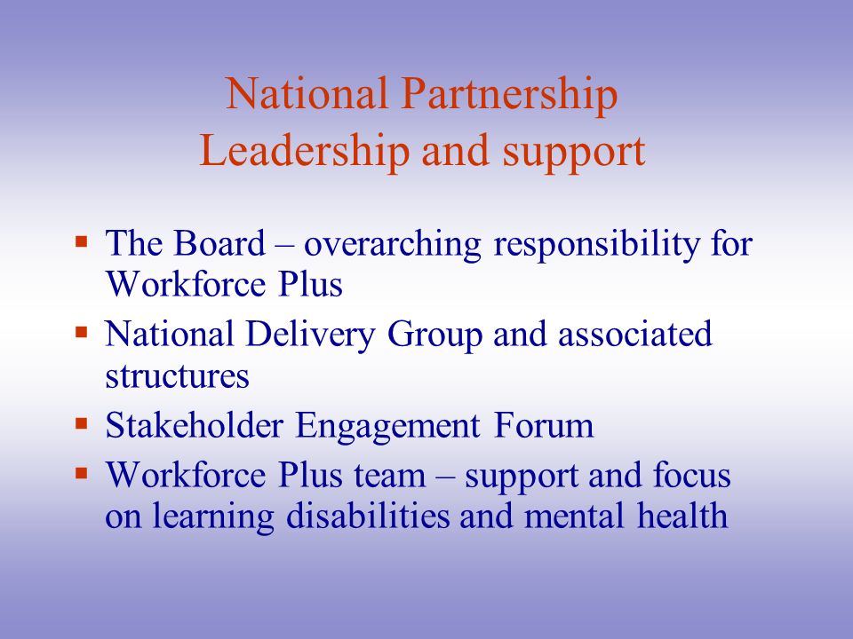 National Partnership Leadership and support  The Board – overarching responsibility for Workforce Plus  National Delivery Group and associated structures  Stakeholder Engagement Forum  Workforce Plus team – support and focus on learning disabilities and mental health