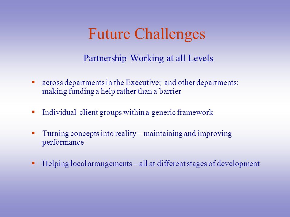 Future Challenges Partnership Working at all Levels  across departments in the Executive; and other departments: making funding a help rather than a barrier  Individual client groups within a generic framework  Turning concepts into reality – maintaining and improving performance  Helping local arrangements – all at different stages of development