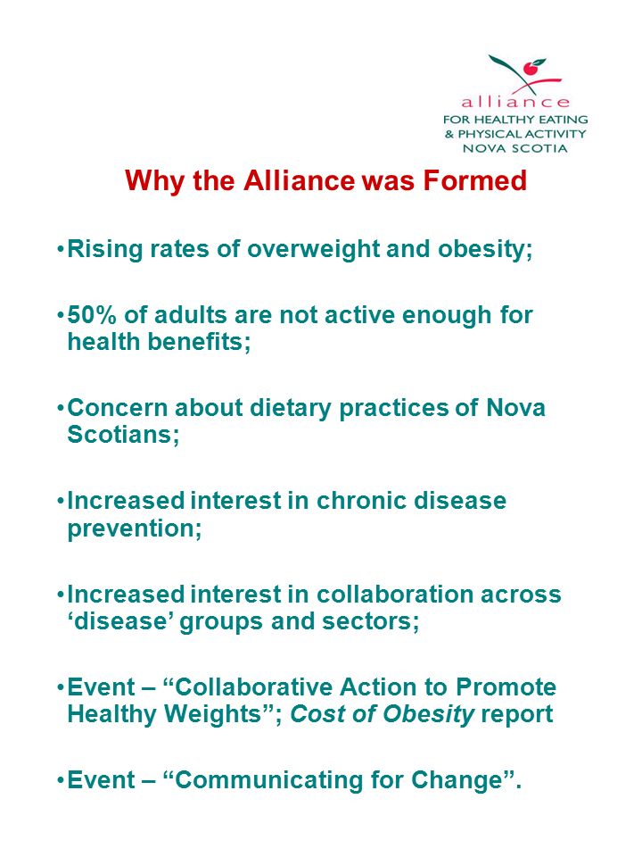 Why the Alliance was Formed Rising rates of overweight and obesity; 50% of adults are not active enough for health benefits; Concern about dietary practices of Nova Scotians; Increased interest in chronic disease prevention; Increased interest in collaboration across ‘disease’ groups and sectors; Event – Collaborative Action to Promote Healthy Weights ; Cost of Obesity report Event – Communicating for Change .