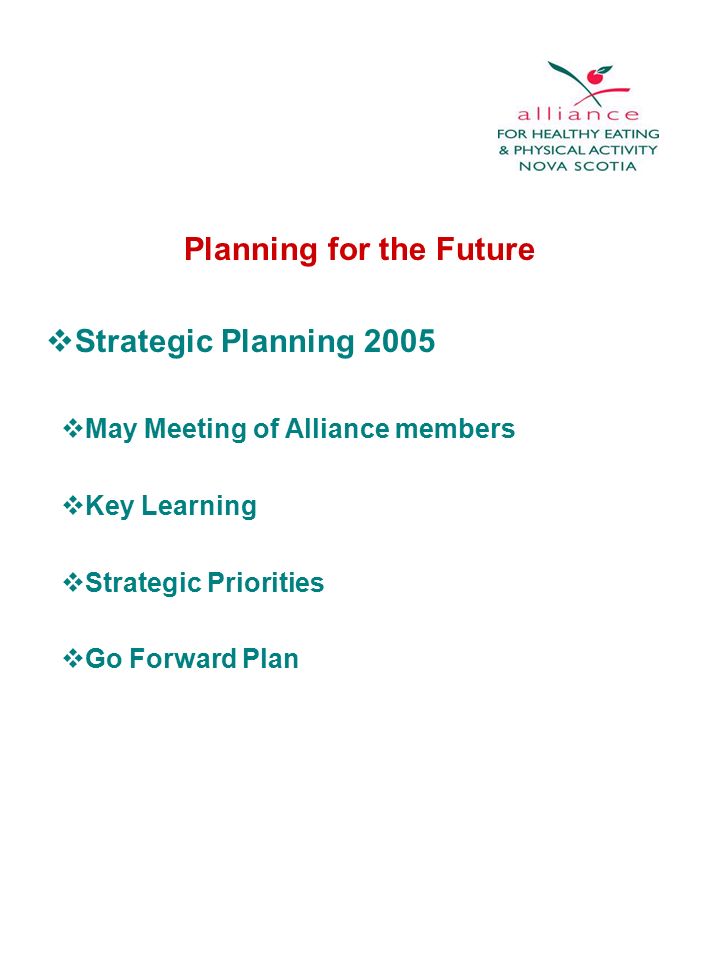 Planning for the Future  Strategic Planning 2005  May Meeting of Alliance members  Key Learning  Strategic Priorities  Go Forward Plan