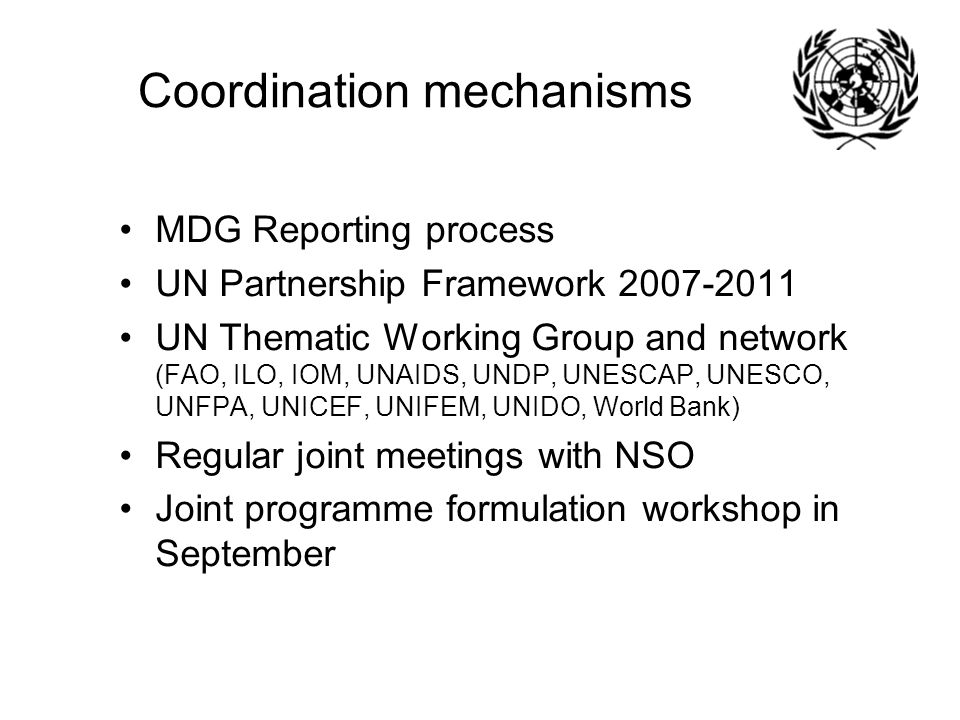 Coordination mechanisms MDG Reporting process UN Partnership Framework UN Thematic Working Group and network (FAO, ILO, IOM, UNAIDS, UNDP, UNESCAP, UNESCO, UNFPA, UNICEF, UNIFEM, UNIDO, World Bank) Regular joint meetings with NSO Joint programme formulation workshop in September